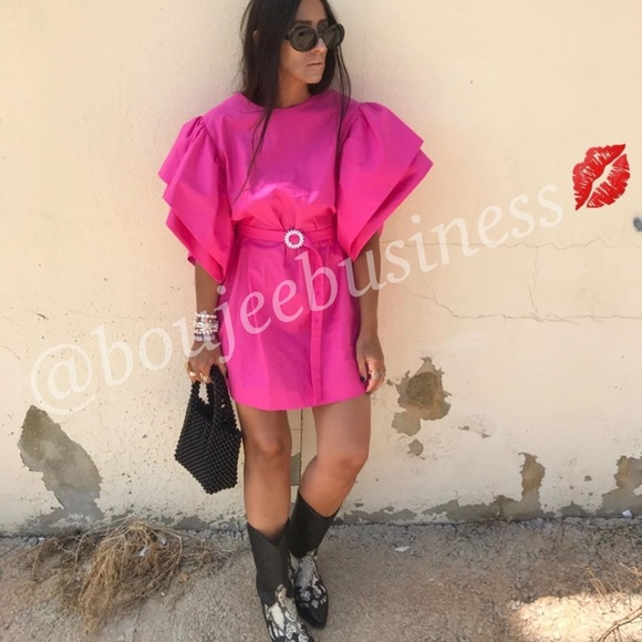 ZARA BNWT Pink Mini Dress with Voluminous Sleeves and Jeweled Buckle Belt Sz M - Picture 3 of 8